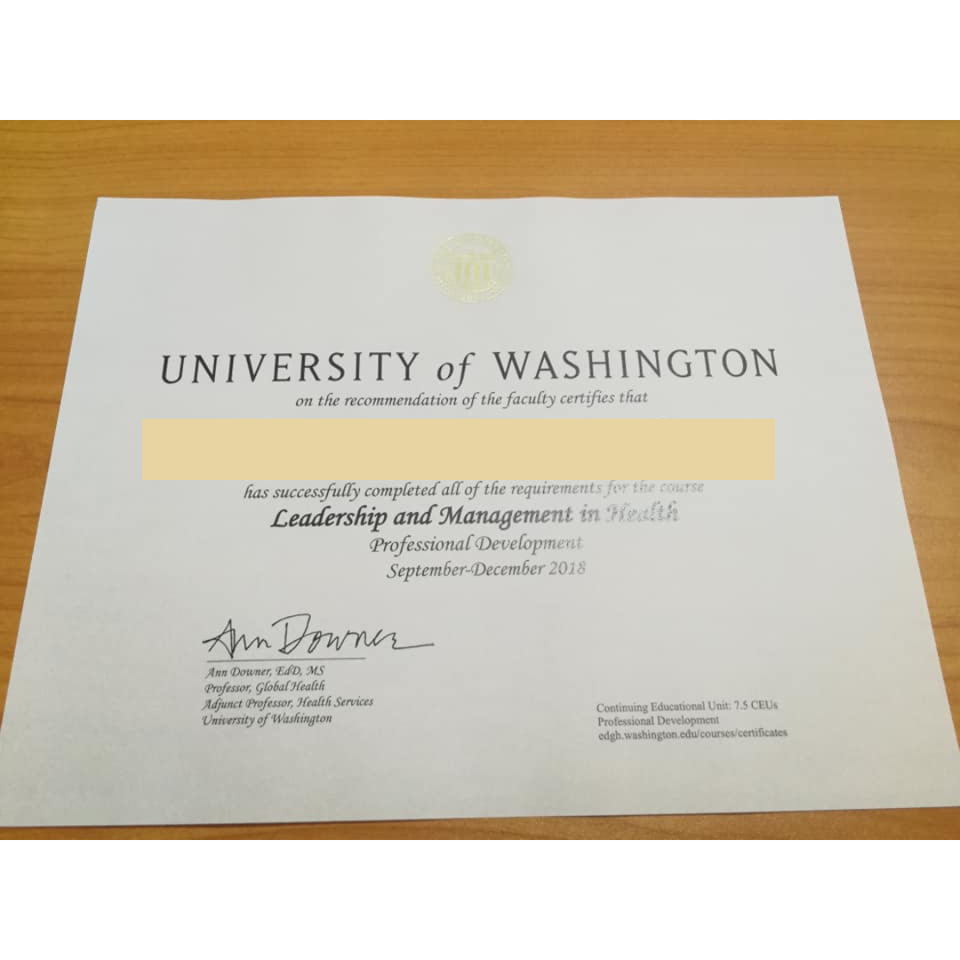An actual sample of a certificate to be sent by the University of Washington.